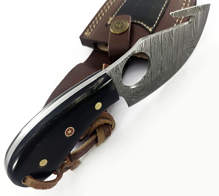 Gut Hook Knife - Damascus Steel Fixed Blade Knife Hunting Camping Hiking with Leather Sheath