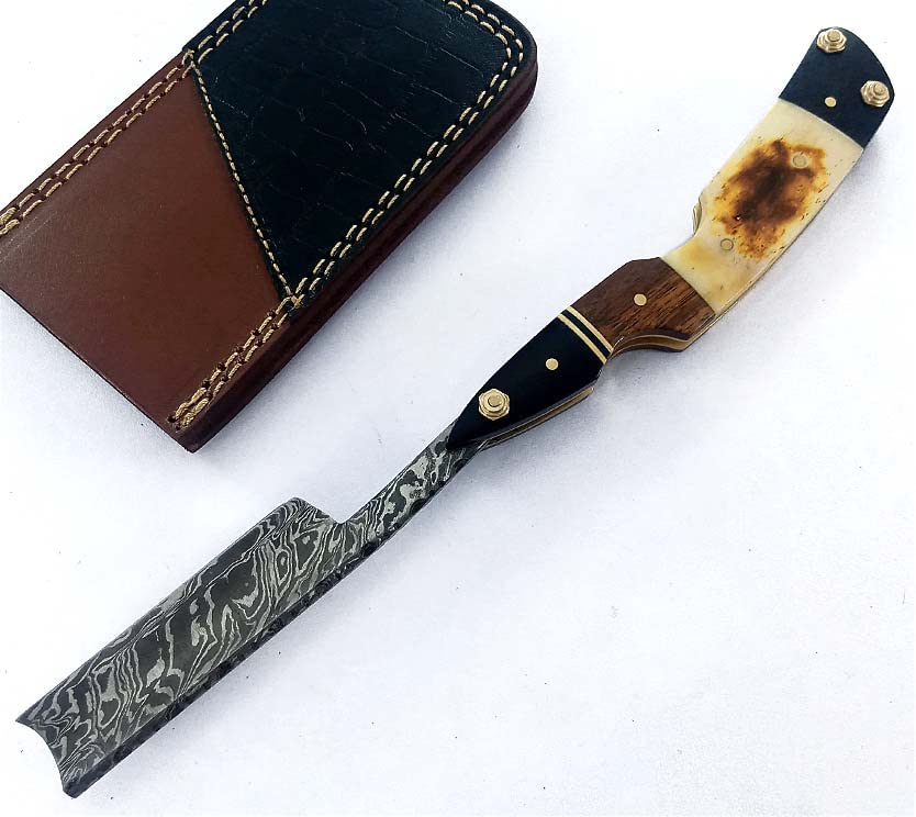 Damascus Steel Straight Edge Razor with Real Leather Sheath