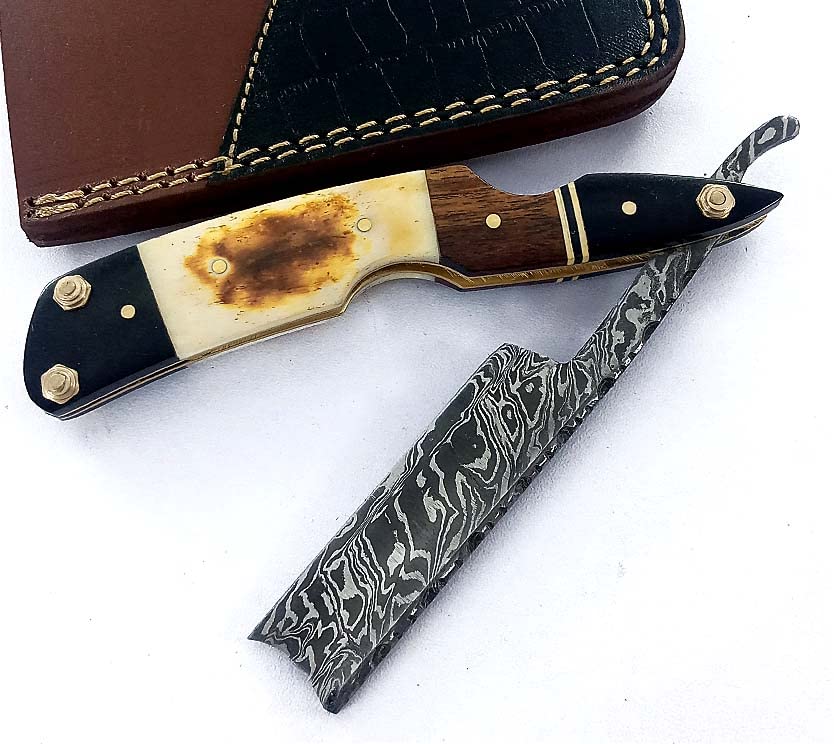 Damascus Steel Straight Edge Razor with Real Leather Sheath