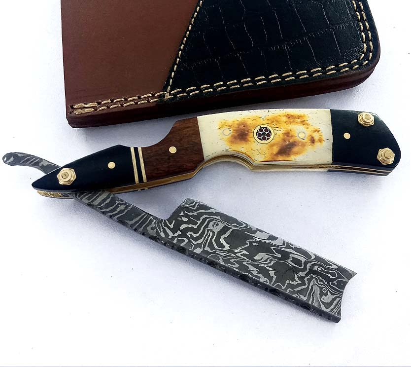 Damascus Steel Straight Edge Razor with Real Leather Sheath