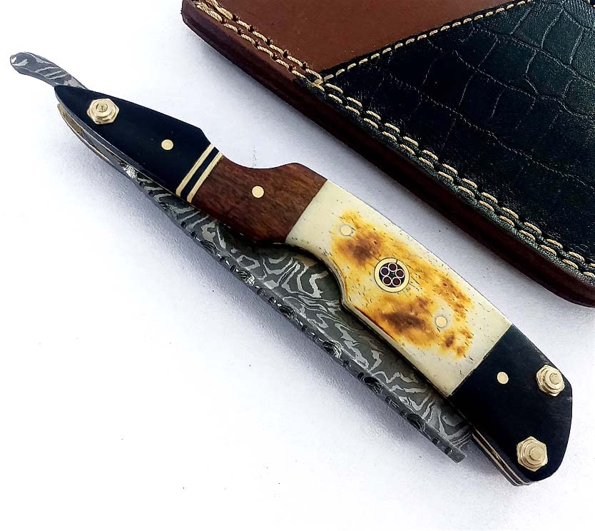 Damascus Steel Straight Edge Razor with Real Leather Sheath