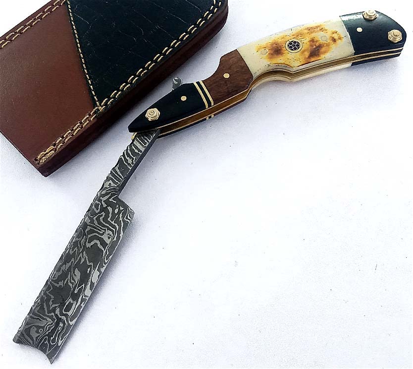 Damascus Steel Straight Edge Razor with Real Leather Sheath