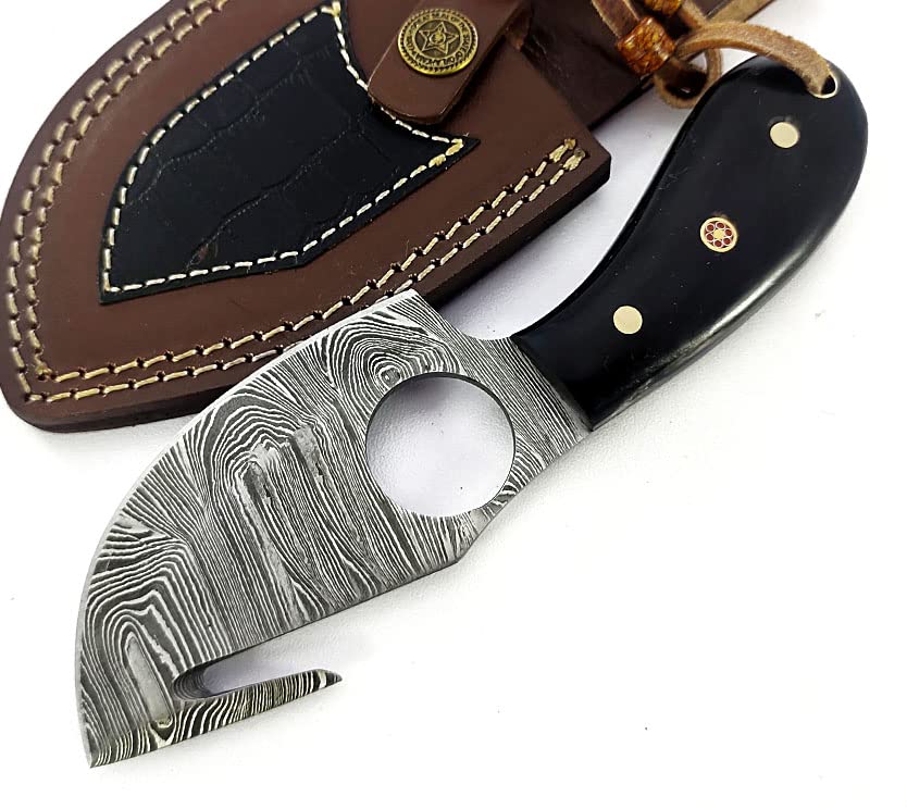 Damascus Steel Fixed Blade Knife Hunting Camping Hiking with Leather Sheath