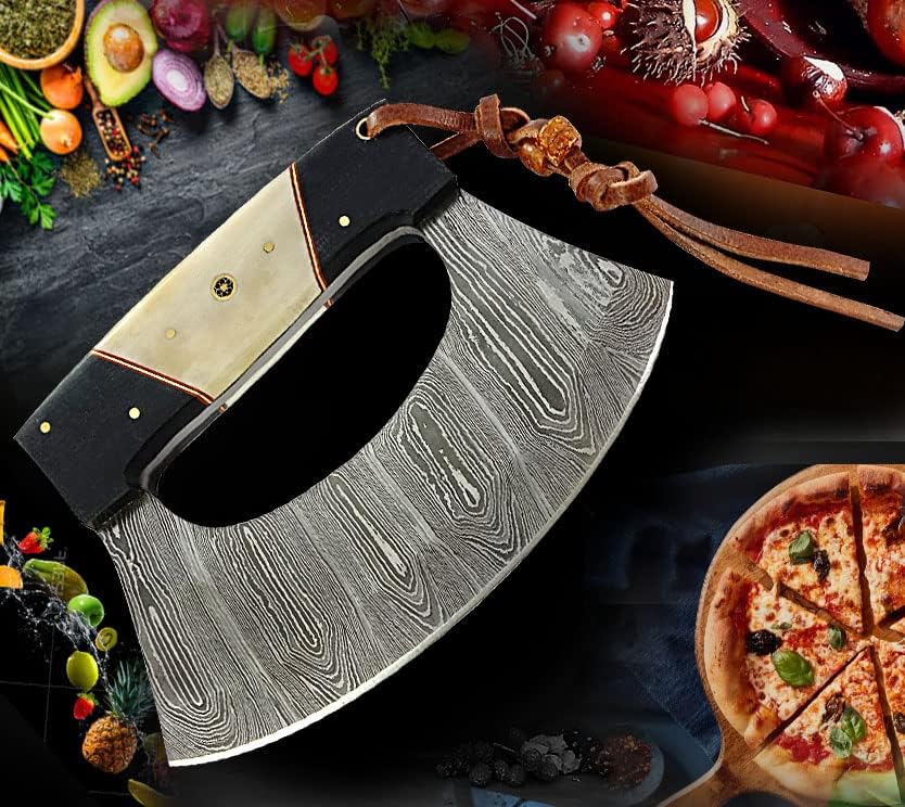 Damascus Fixed Blade Steel Alaskan Ulu Knife with Leather Sheath