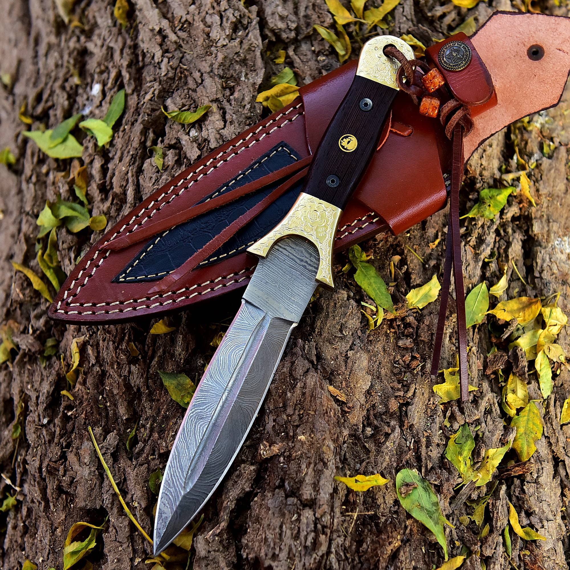 Damascus Steel fixed Blade Hunting Knife with Leather Sheath - Camping/Survival/Tactical/Handmade