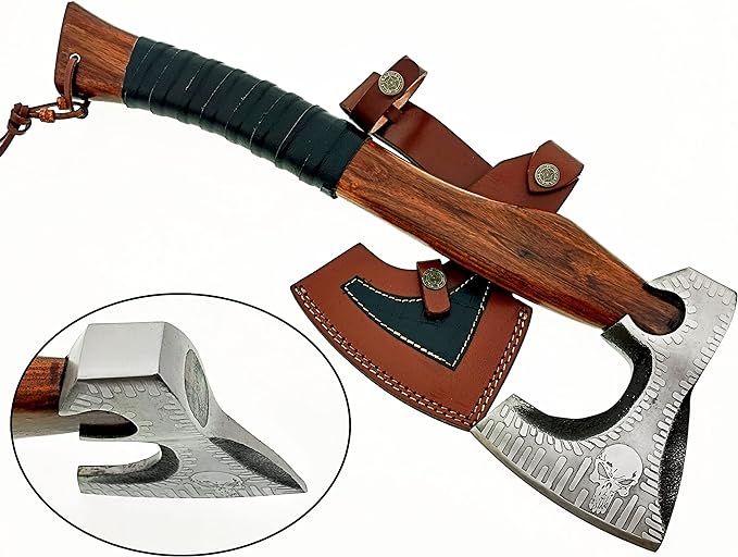 Carbon Steel Blade Axe Hatchet Hunting Knife with Real Leather Sheath