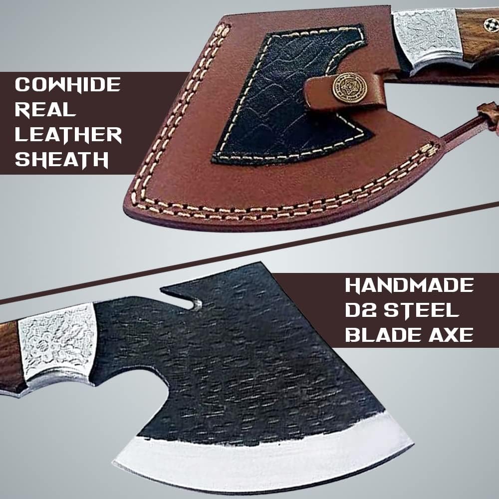 Dessi D2 Steel Blade Axe Hatchet Hunting Knife Camping with Real Leather Sheath