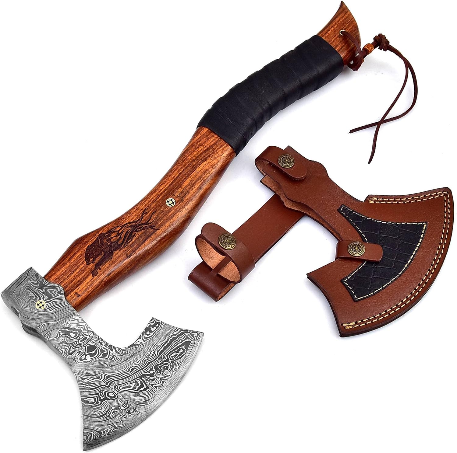 Dessi Damascus Steel Blade Camping Axe Hatchet Hunting Knife with Real Leather Sheath