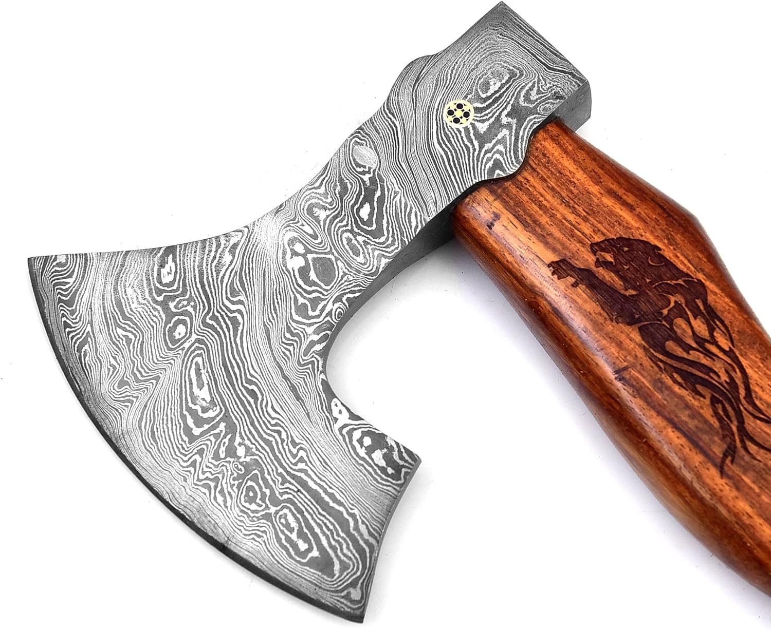 Dessi Damascus Steel Blade Camping Axe Hatchet Hunting Knife with Real Leather Sheath