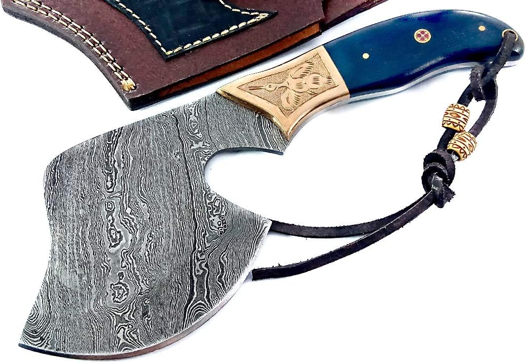 Damascus Steel Blade Axe Hatchet Camping Hiking with Real Leather Sheath
