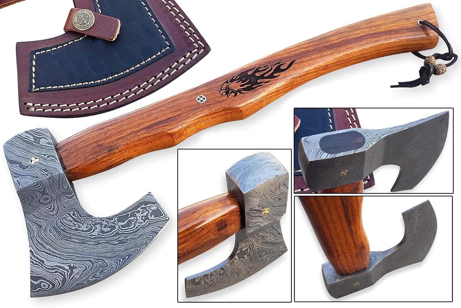 Damascus Steel Blade Axe Hatchet Tomahawk Hunting Knife with Real Leather Sheath