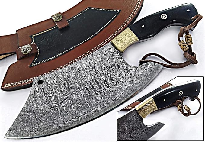 Damascus steel blade vegetable and meat cleaver Chopper chef's kitchen knife with Real Leather Sheath