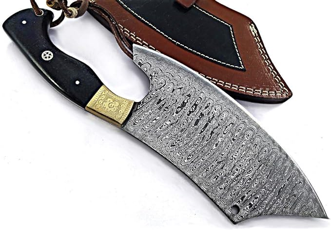 Damascus steel blade vegetable and meat cleaver Chopper chef's kitchen knife with Real Leather Sheath