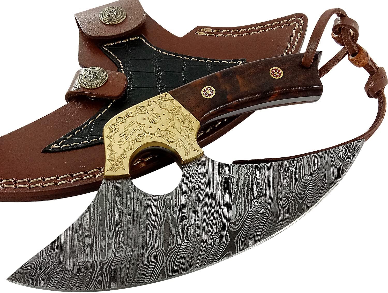 Damascus Fixed Blade Steel Alaskan Ulu Knife  with Leather Sheath