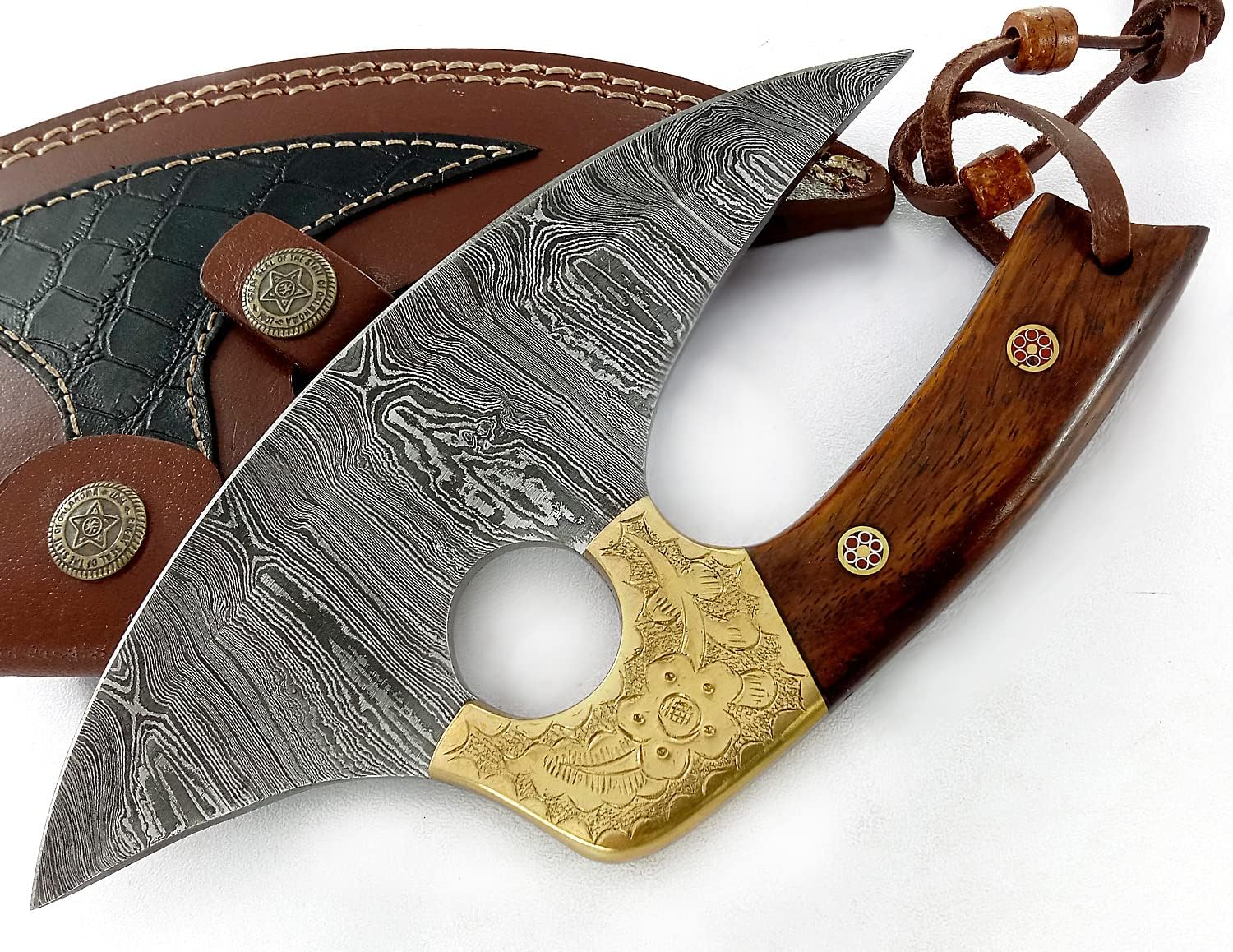 Damascus Fixed Blade Steel Alaskan Ulu Knife  with Leather Sheath