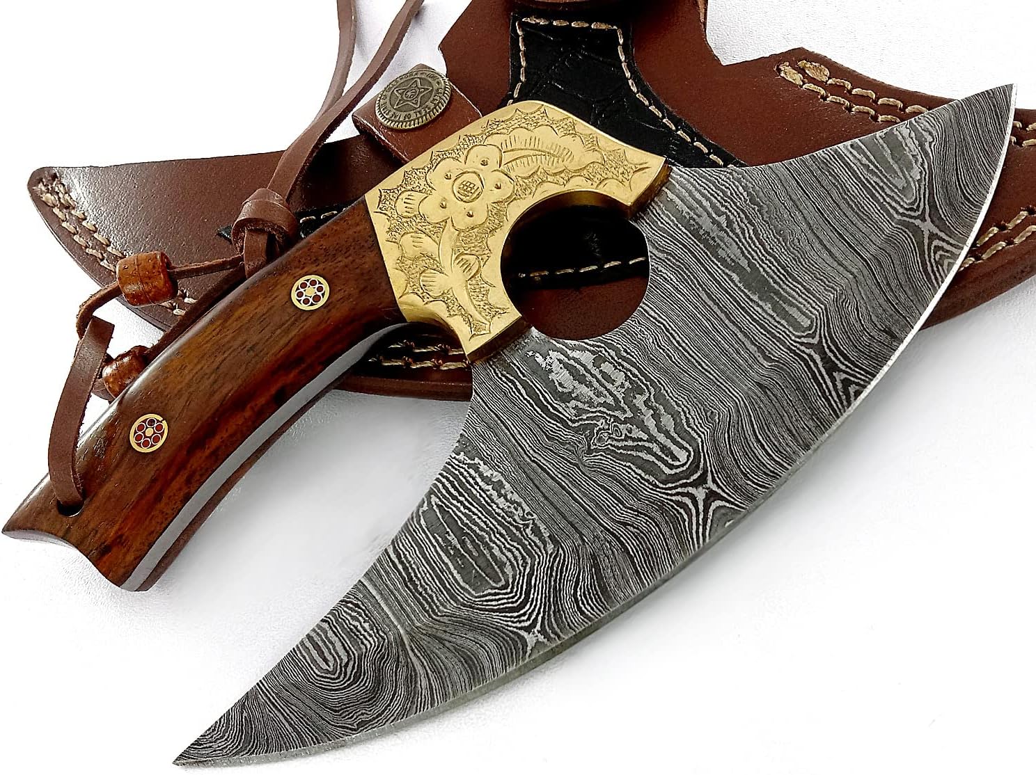 Damascus Fixed Blade Steel Alaskan Ulu Knife  with Leather Sheath